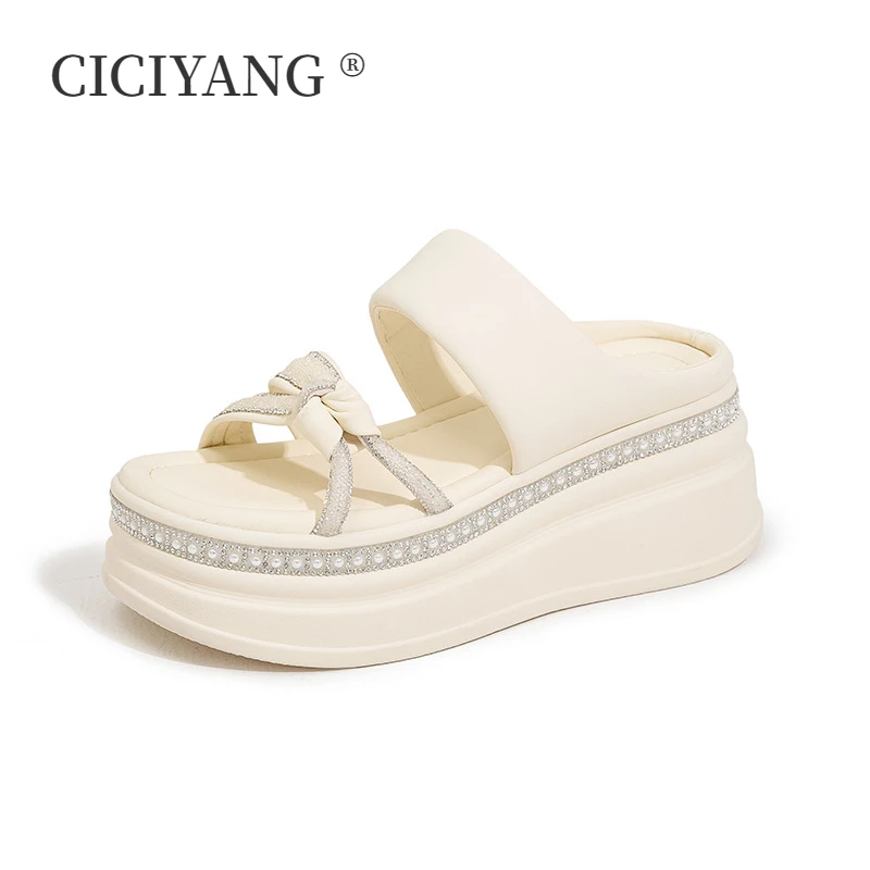 

CICIYANG Roman Slippers Women Summer Wear 2024 New Fashion Bow Sequins Platform 6.5CM Open Toes Beach Slippers Sandals Ladies