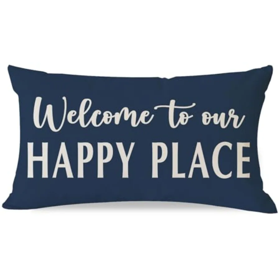 

Decorative Throw Pillow Cover 12x20 Inch Welcome to Our Happy Place Outdoor Farmhouse Coastal Front Porch Patio Decor Lumbar Cu