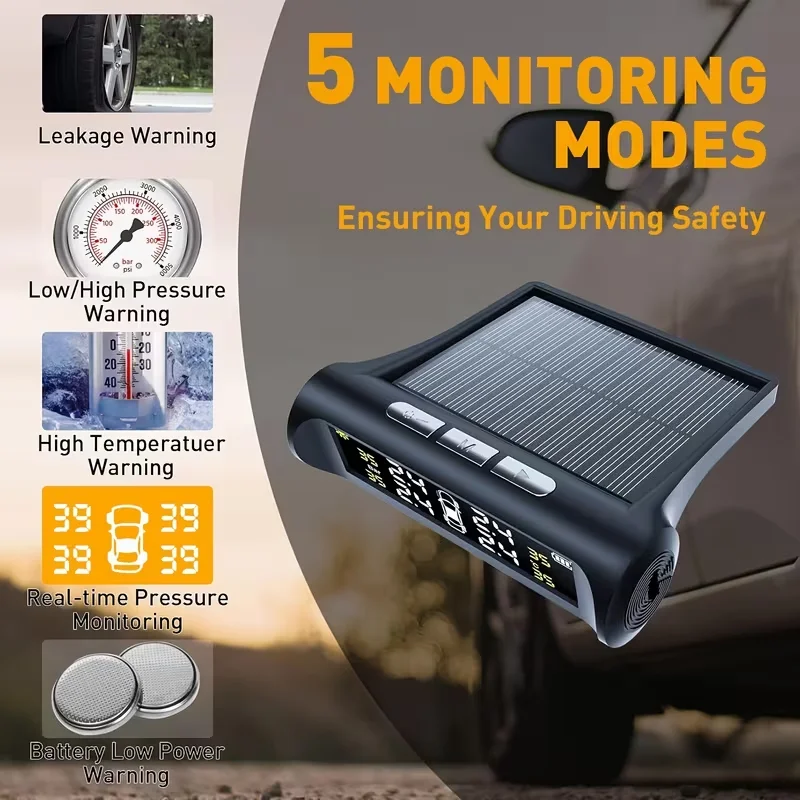 Wireless Solar TPMS Tire Pressure Monitor System with 4 External Tire Valve Cap Sensors, Real Time Bar PSI Temp Display image 2