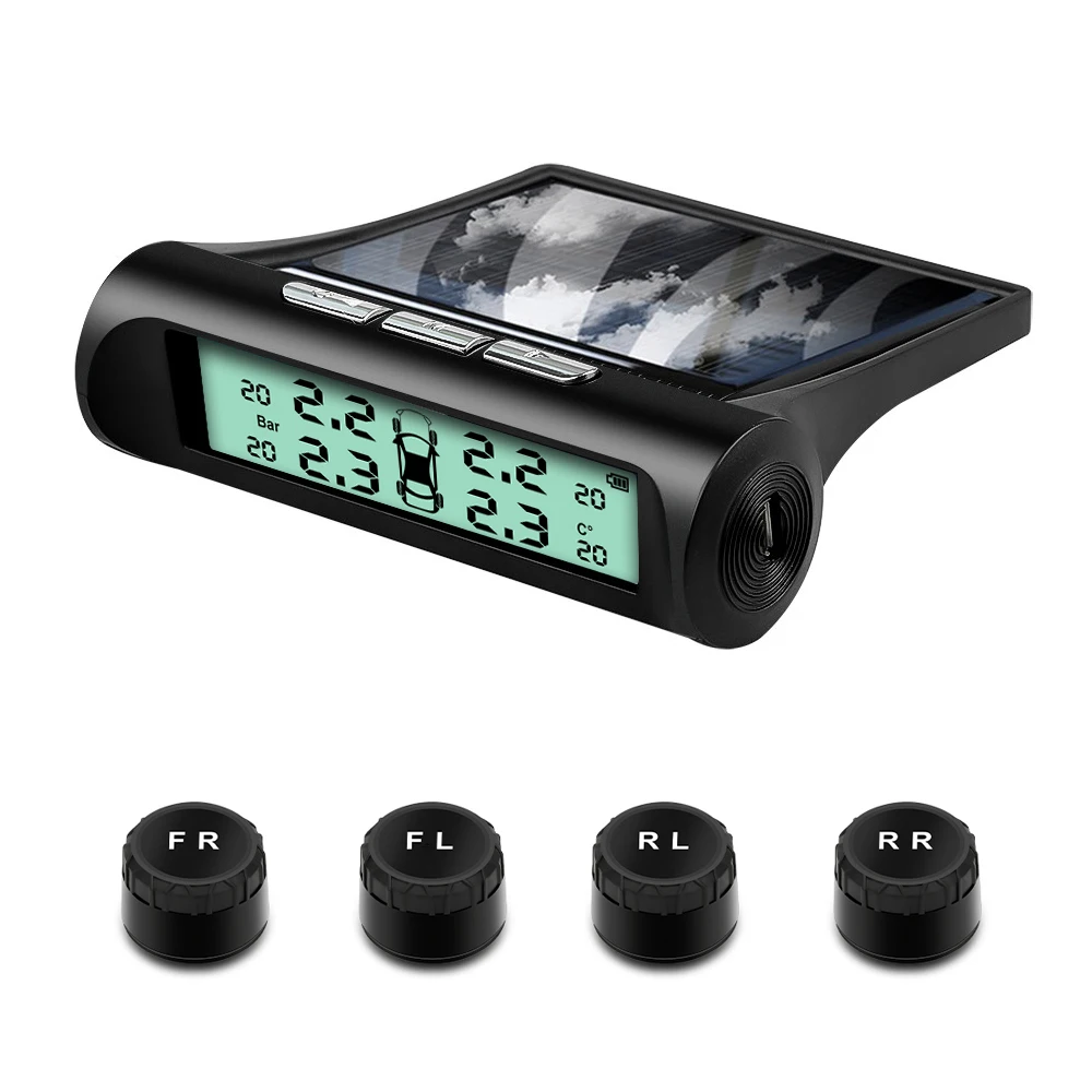 

Tire Pressure Monitoring System Wireless Solar Power and USB Charger Monitor Colorful LCD Display TPMS with 4 Sensors Real-time