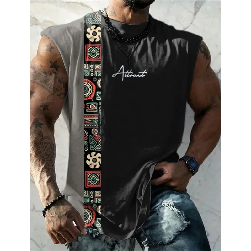 

3D Printed Retro Ethnic Splicing Tank Tops For Men Colorful Pattern Tees Summer Loose Sports Street Round Neck Vest Casual Tops