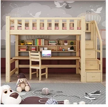 Full solid wood elevated bed, bed and table, children's upper and lower bunks, combined with a desk, adult dormitory