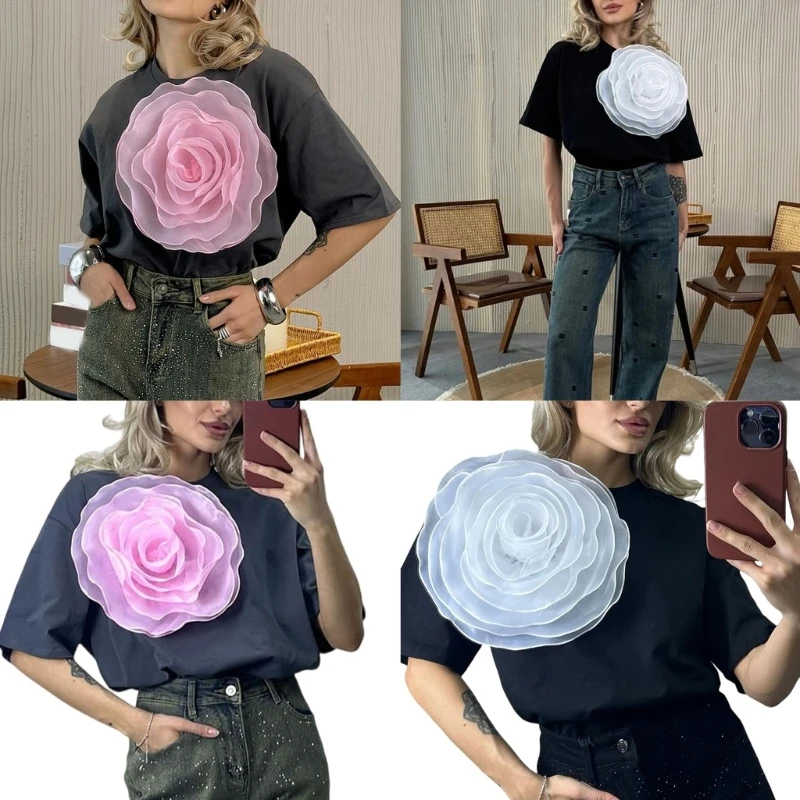 Women Aesthetic Vintage 3D Big Mesh Flower Casual Loose T-Shirt Short Sleeve Neck Pullover Tunics Top Blouses