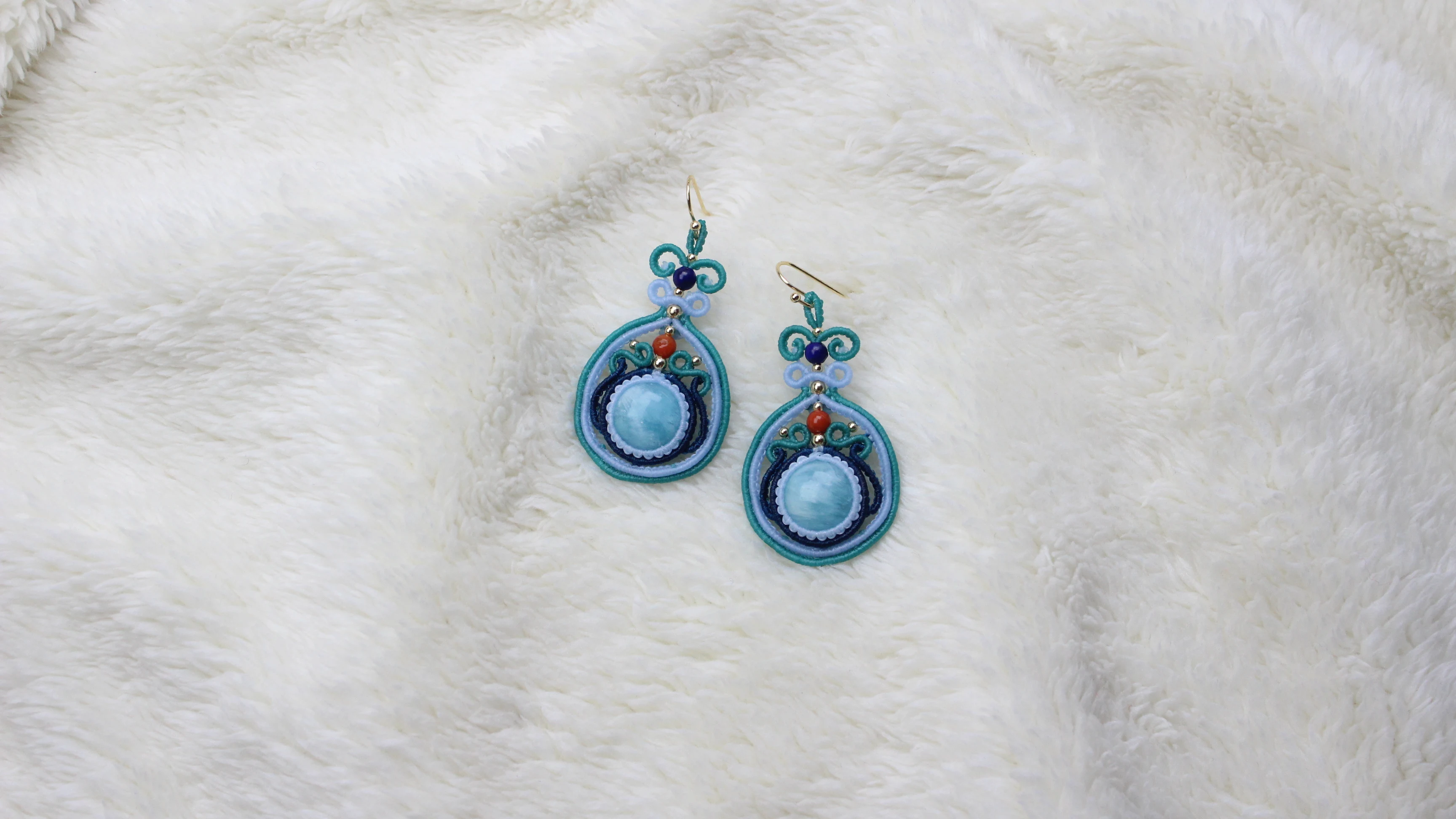 Macrame Handmade Wax Rope Woven Round Blue Hemimorphite Earrings Exclusive Custom Design