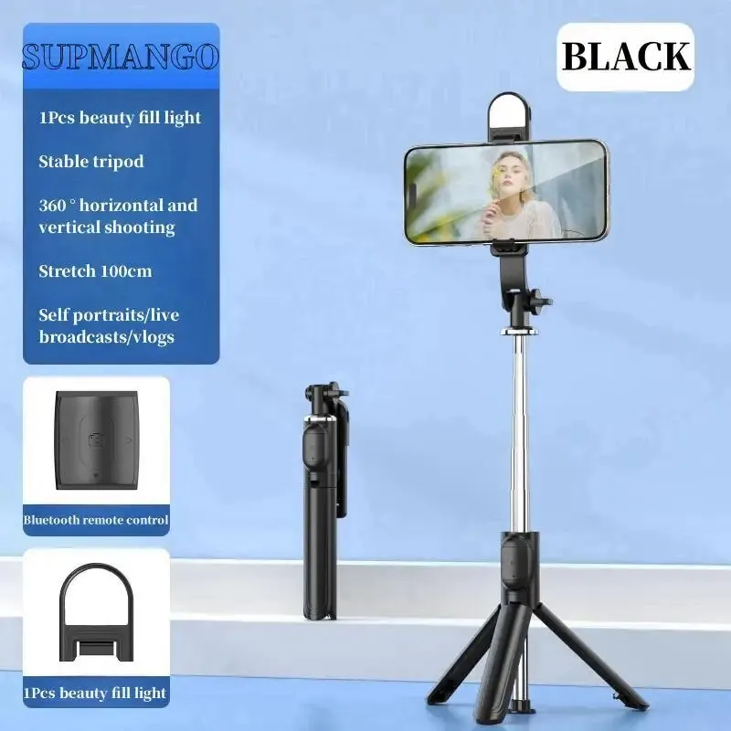 Cell Phone 1M Selfie Stick Tripod Bluetooth Remote Wireless Selfi Stick Phone Holder Stand with Beauty Fill Light For Phone