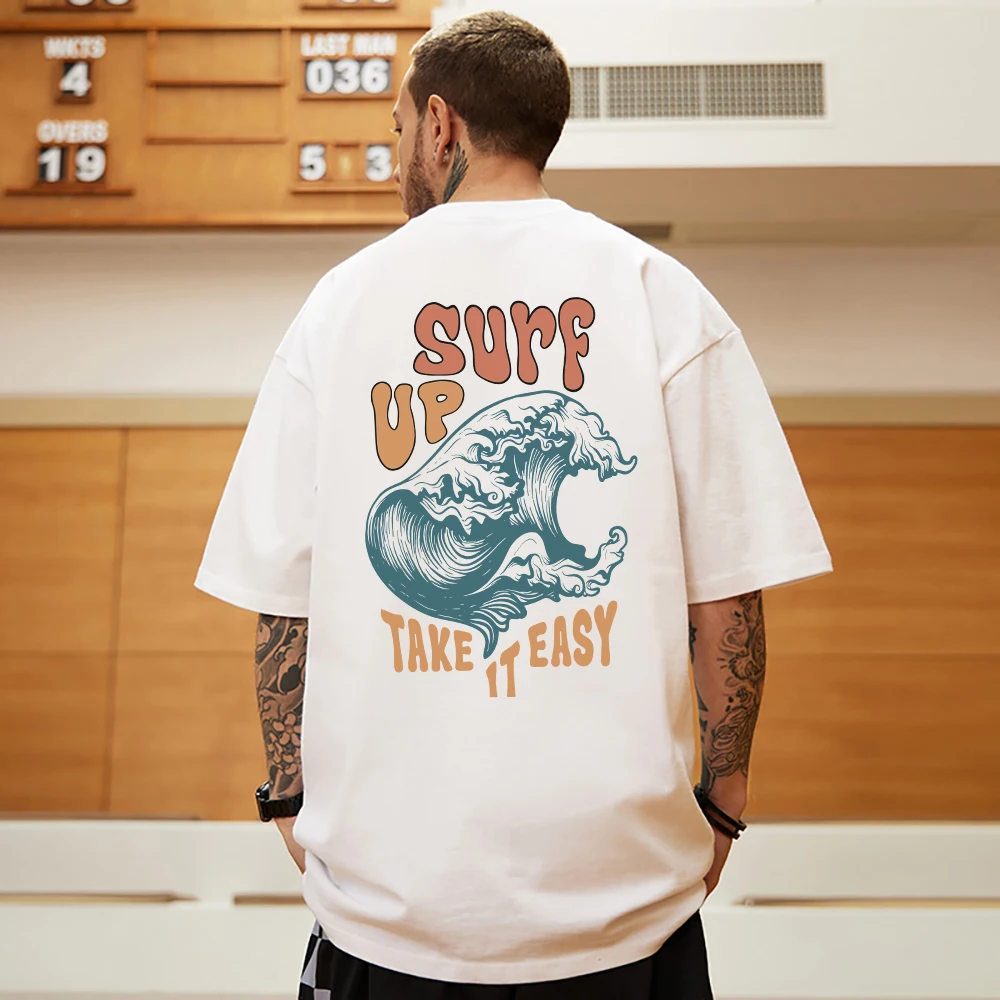 Surf Up Take It Easy Man Cotton T-Shirts Summer Breathable Crewneck Tops Oversize All-math Tee Clothing Casual Mens Short Sleeve