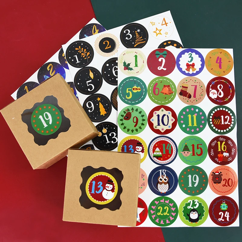 

1-24 Number Merry Christmas Gift Sticker Sealing Labels Advent Calendar Number Paper Stickers DIY Gift Box Packaging Label Decor