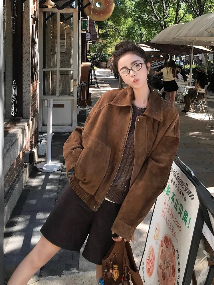 

Women's Spring Fall Vintage Suede Jacket Brown Elegant Short Coat Retro Utility Collared Jacket Suede Casual Outerwear