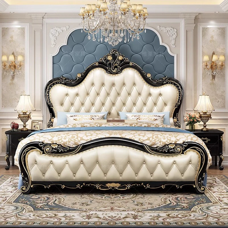 European Double Bed Wooden Design Leather Queen Bed Simple Luxury Bedroom Princess Safe Letto Matrimoniale Trendy Furniture