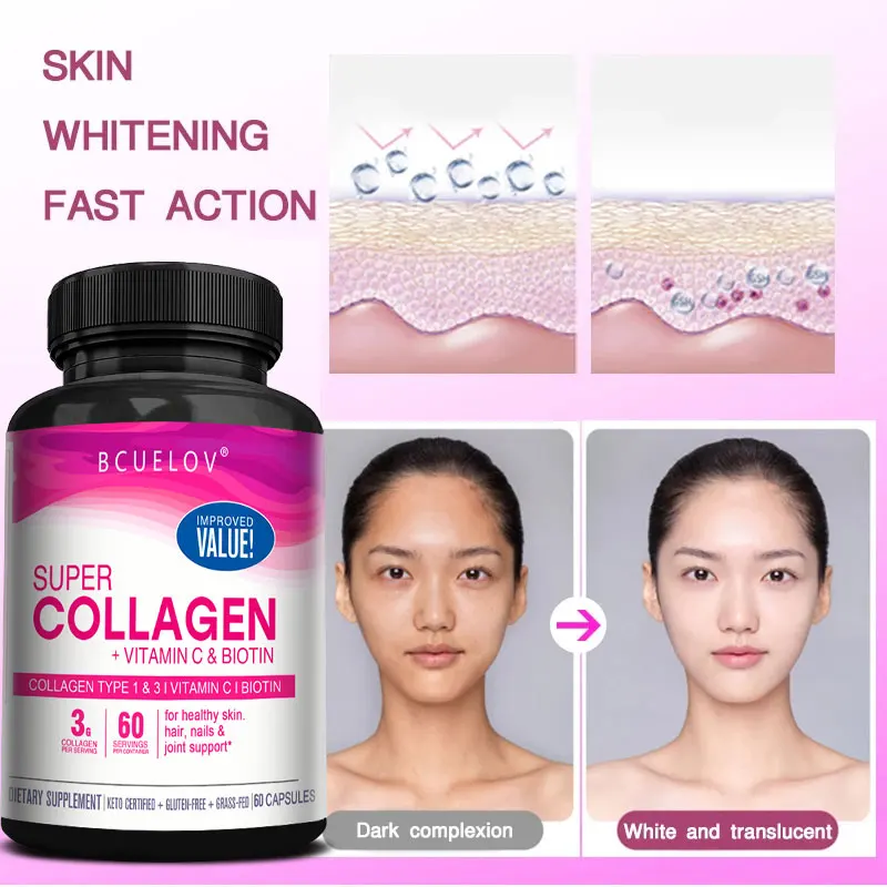 Super Collagen, Vitamin C and Biotin to promote healthy skin and support hair, nails and joint health