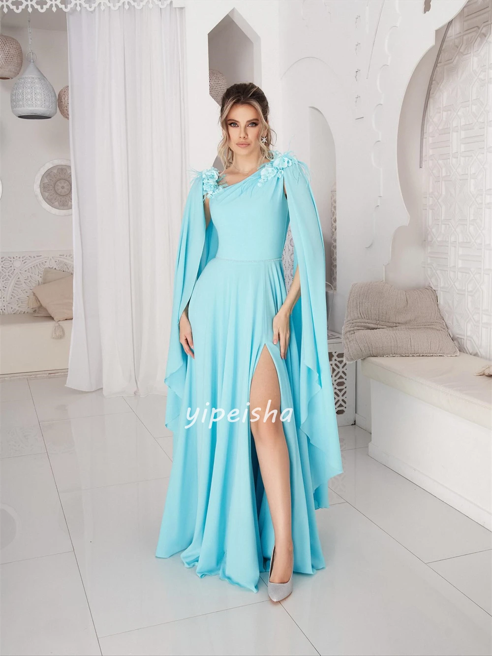 Maßgeschneiderte, hochwertige, klassische, handgefertigte A-Linien-Kleider mit Blumenfedern, schulterfrei, lange Kleider, maßgeschneiderte Anlasskleider, kompliziert