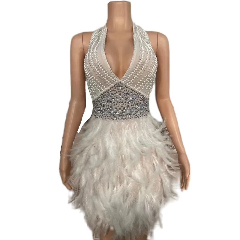 Completo de pérolas strass halter vestido sexy pena branca vestido de baile pólo vestido de dança roupa aniversário celebrar traje xs5263