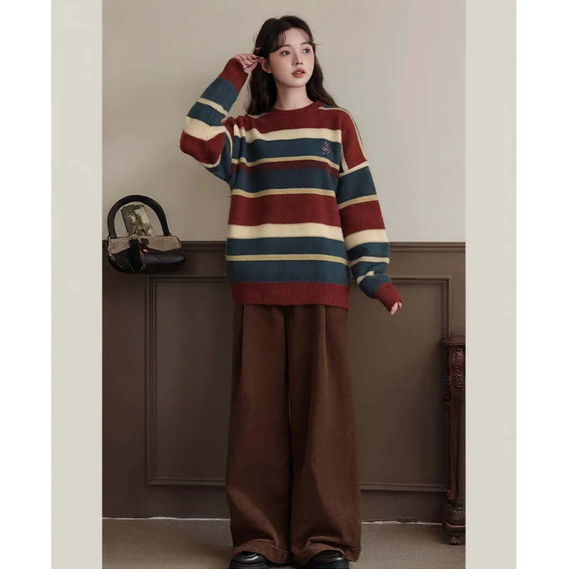 Retro Striped Color Blo Knitted Sweater And Wide Leg Pants Women's Faion Set Autumn 2025 Guest Camel Brand Two Piece Set