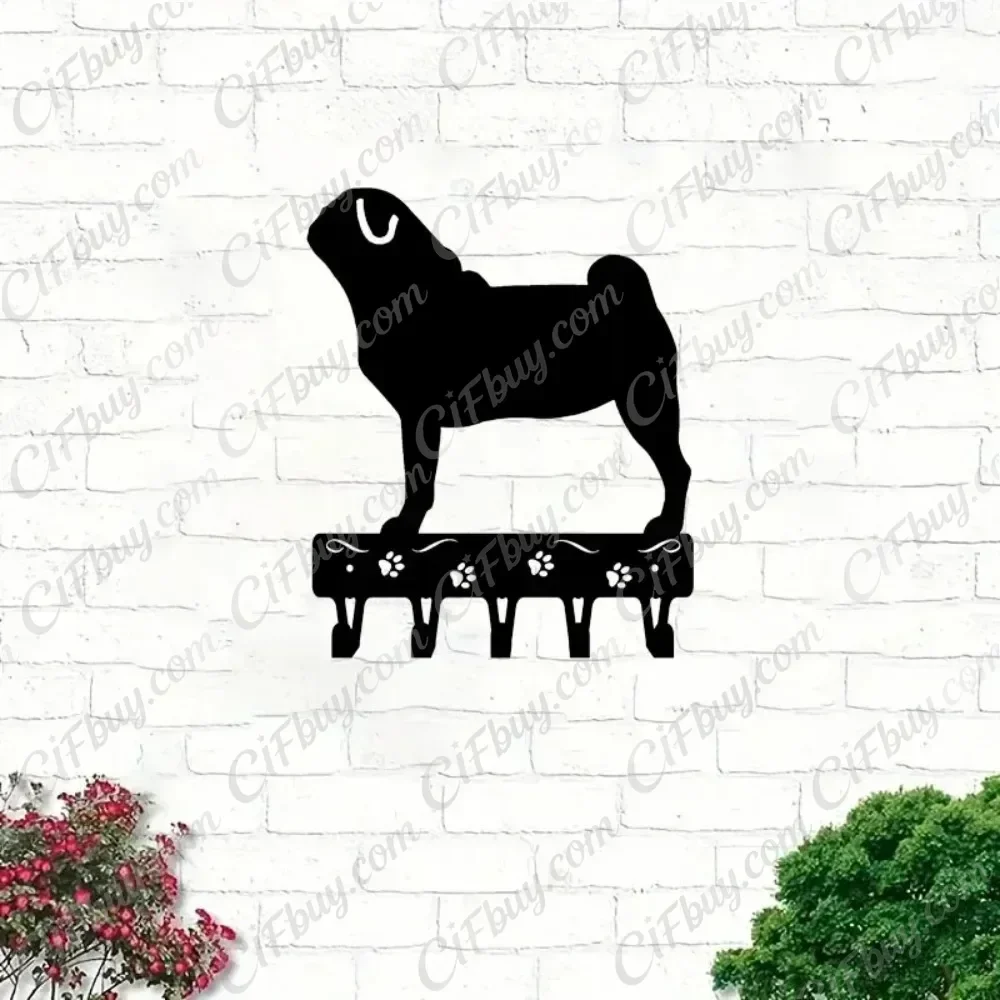 CIFbuy Pug Dog Metal Wall Art Key Holder with Iron Hooks Wall Mounted Keychain Rack for Home Entryway Decor Rustic Wall Sticker