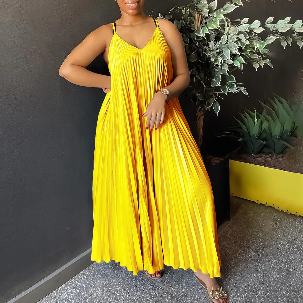 

Sexy rican Long A-Line Dr Pleated Strapl High Waist Spring Summer New Arrival Women's Faion Commute Sle round Ne