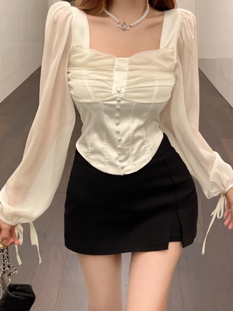 Women Spring Sexy Short Chiffon Blouse Shirt Slim Botton Draped Pullovers Ladies Square Neck Feminine Sweet Tops Summer