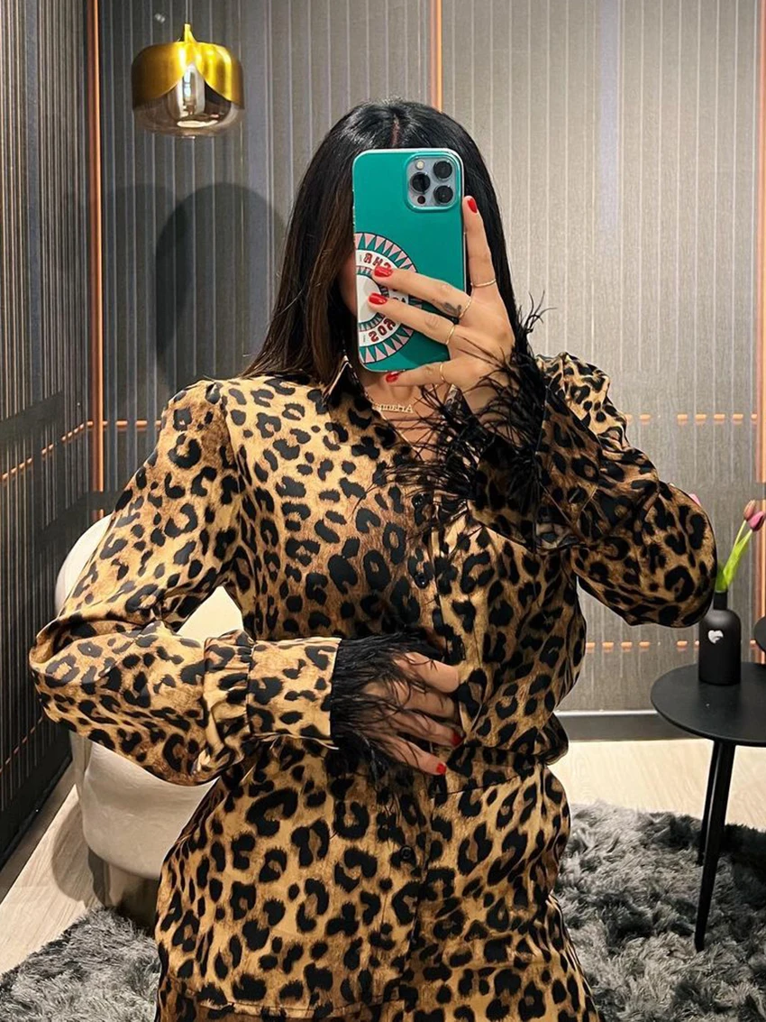 Marthaqiqi Leopard Female Pajama 2 Piece Set Long Sleeve Nightwear Turn-Down Collar Nightgowns Pants Casual Women Sleepwear Suit