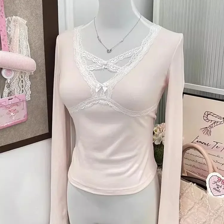 الفرنسية منخفضة الرقبة طويلة الأكمام الدانتيل تي شيرت المرأة كل مباراة الحلو تيز ربيع الخريف جديد عصري التوابل فتاة Y2k الجمالية