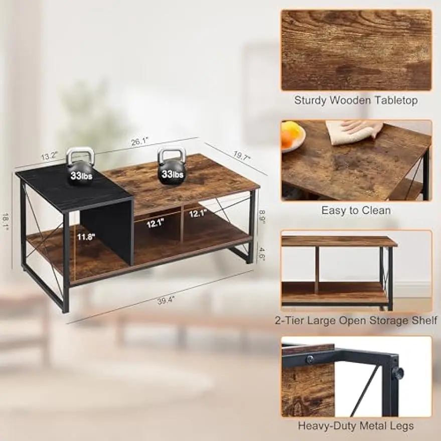 Vecelo Wood Two Tier, Black Coffee Table Storage, Metal Frame Wooden Tabletop, Modern For Living Room