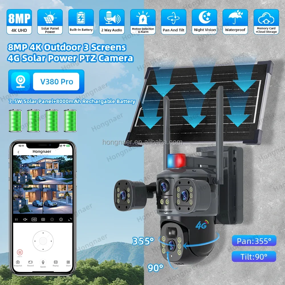 2026 Hongnaer 8MP 3 Video Dual Lens Wireless Solar Power Surveil Camera V380 Pro 4K Outdoor Security 4G Sim Card CCTV 4G Solar C