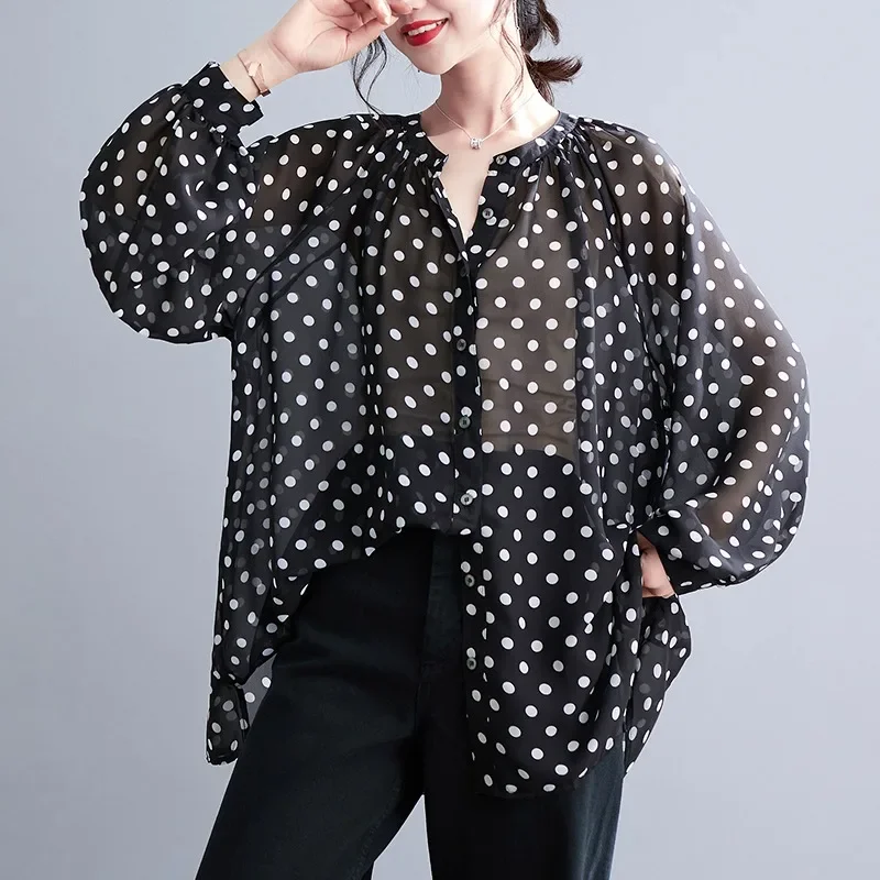 New Fashion Early Summer New Chiffon Polka Dot Shirt Women\'s Long Sleeved Top Comfortable Women\'s Clothing Plus Size