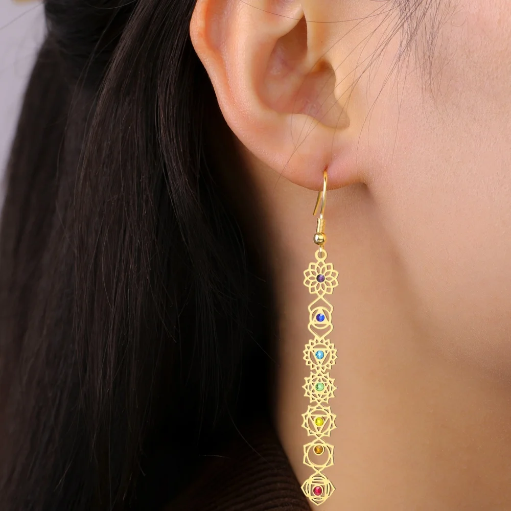 111Yoga 7 Chakra Zircon Drop Earring for Women Stainless Steel Gold Color Long Earrings Meditation Amulet Jewelry Birthday Gift