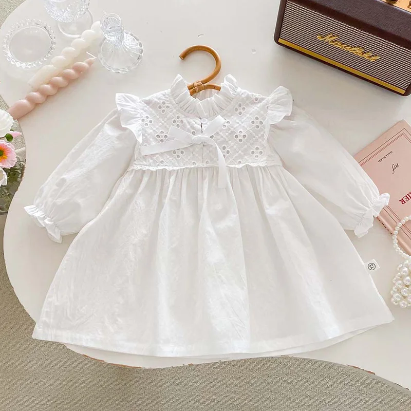 2024 New Spring Sisters Clothes Kids Party Dress Long Sleeved Cotton Solid Color Baby Jumpsuit Toddler Baby Girl Princess Dress