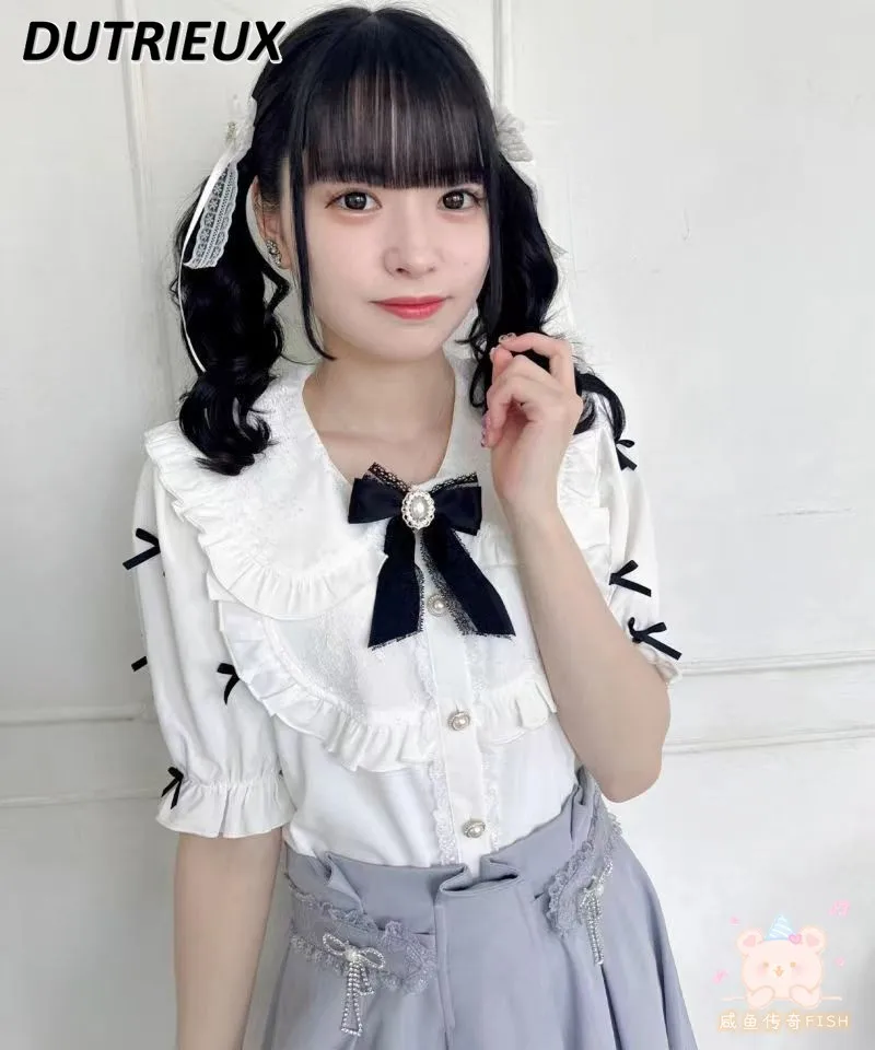 

Rojita Shirt Women Summer New Bow Lolita Mine Series Mass-Produced Japanese Sweet Cute Short Sleeve Shirts Summer Camisa Top