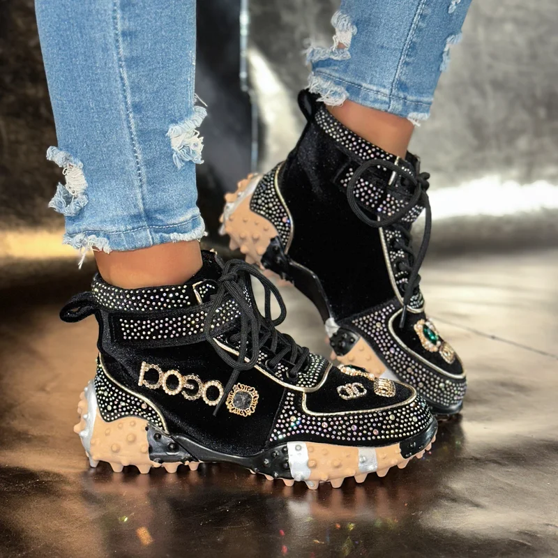 Luxury Designer Boots Rhinestone High-Top Thick Bottom Shoes Female Tennis Outdoors Walking Shoes Metal Decorated Running Shoes