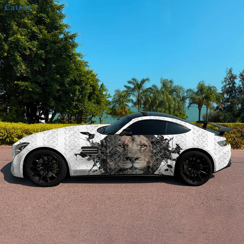 CATSKY.2pcs.Mechanical Frisbee Lion Car Side Decals | Self-Adhesive PVC Waterproof & Scratch-Resistant Stickers, Fashionable Dec