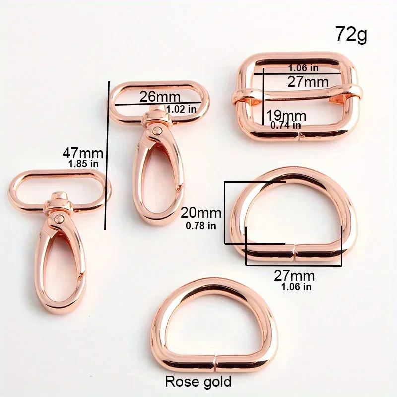 1 Set/5PCS Rose Gold Swivel Carabiner Clasp 25mm 1 Inch Sliding Belt Buckle D Ring Adjuster Buckle Hardware