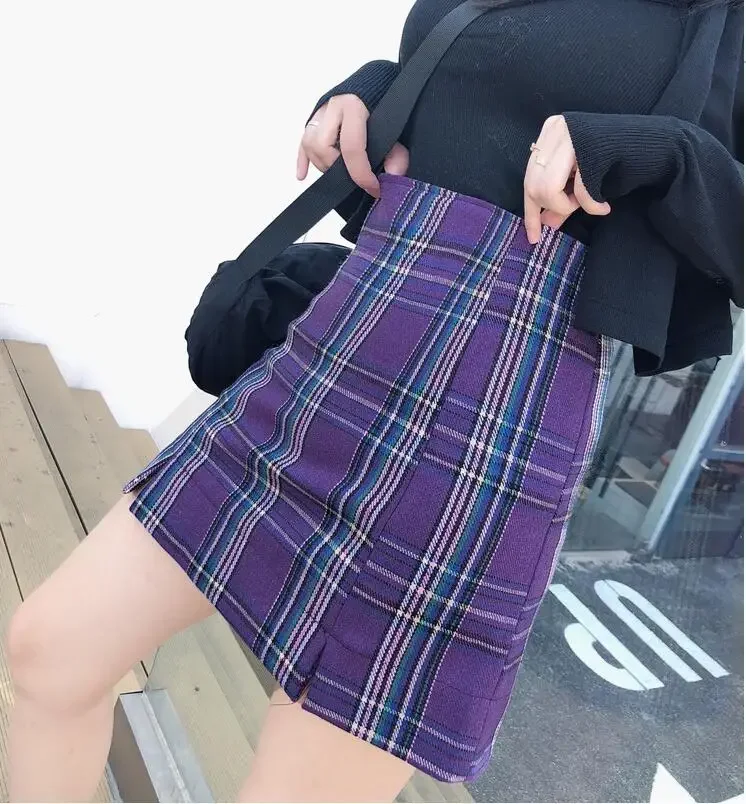 Women\'s High-Waisted Chequered Skirt, A-shaped Short Skirt, Purple and Blackish Green, Street Style, Charming Fashion, XS-5XL