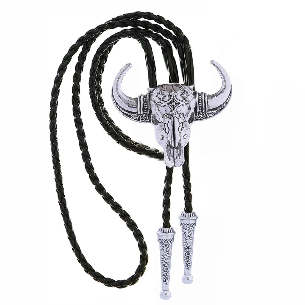 Totem curved horn bull head bolo tie