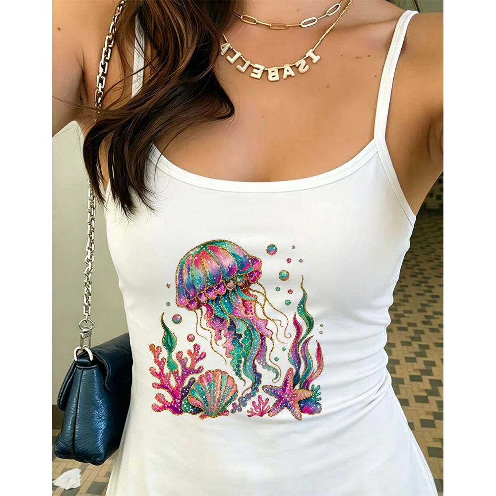 Coastal Aesthetic Jellyfish Camisole Cute Coral Seashell Graphic Tank Top Casual Summer Resort Wear Sleeveless for Women