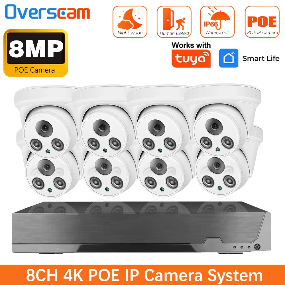 Tuya 8MP 4K POE Dome CCTV Smartlife System Kit Surveillance Security External IP Camera Set Home Street Monitoring 8CH Video NVR