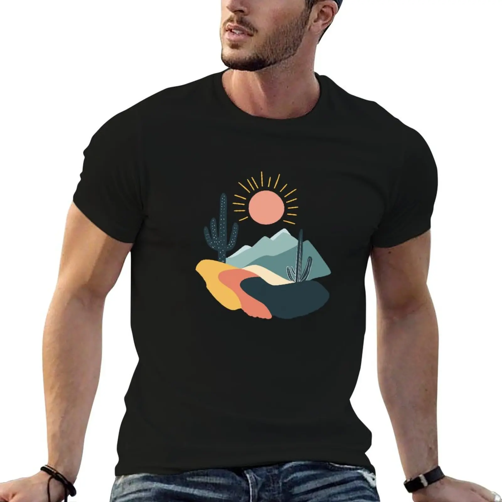 Sun and Cactus Illustration, Child Art, Colorful Desert Landscape Drawing, Wall Decor for Kids T-Shirt Louboutins men tshirt