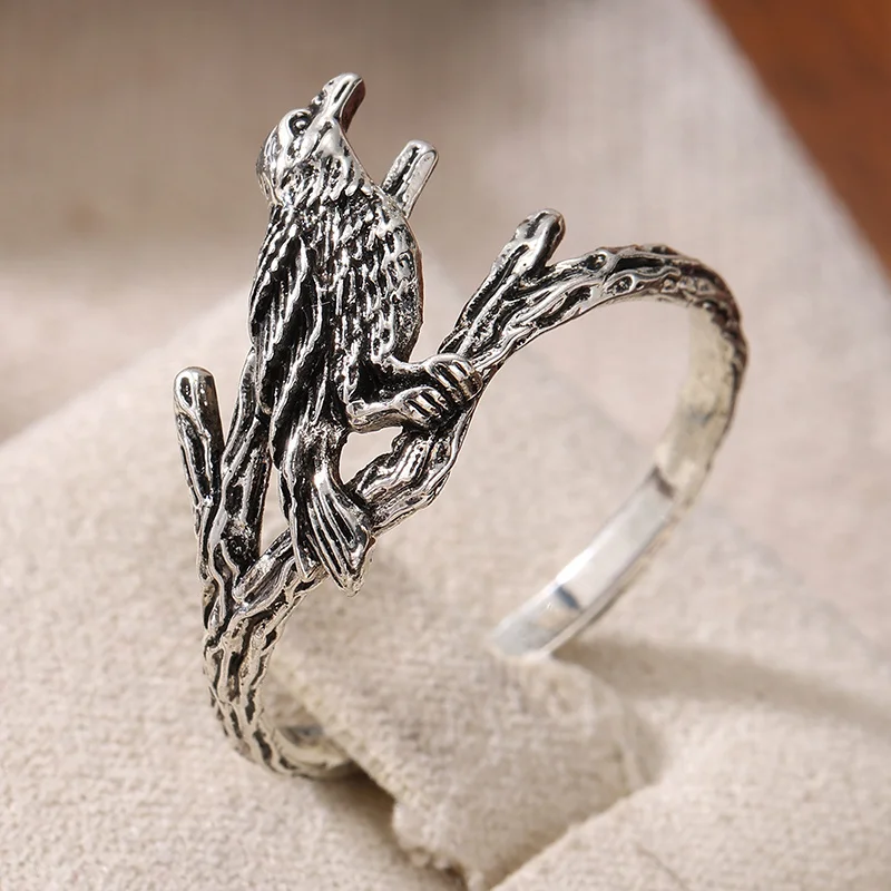 Ladies' Vintage Silver Plated Ring Carving Crow Branch Shaped Dark Style Animal Ring Personalized Street Style Jewelry