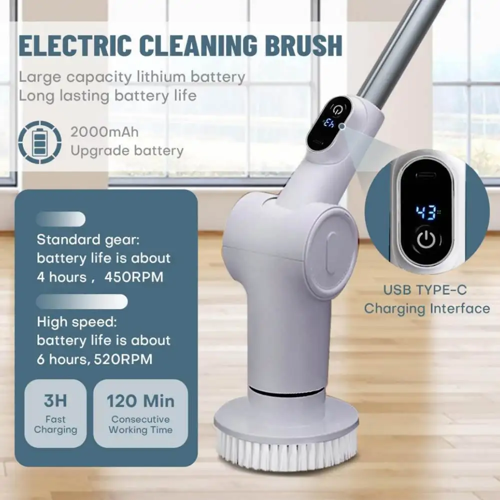 Electric Spin Scrubber 3Speeds 8 Replaceable Brush Heads Shower Cleaner Brush