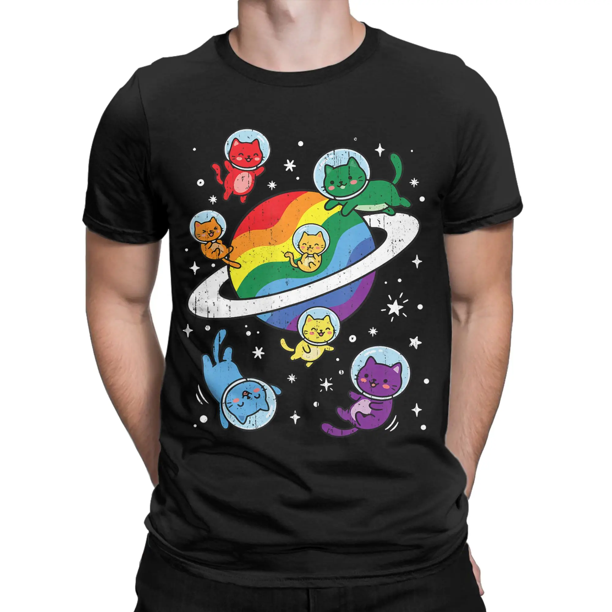 Space Cat Kitty Meow Rainbow Flag Graphic 100% Cotton T-Shirt LGBT Pride Tees Tops For Men