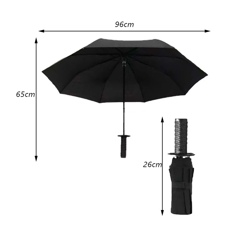 Katana Umbrella All-weather Folding Parasol Auto 3-fold Umbrellas for Men 8 Bone Japanese Umbrella Black Silver Metal Handle