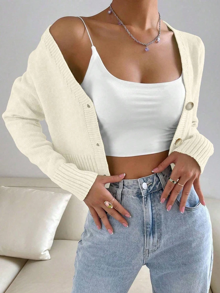 Suéter cardigã feminino de malha com botão, elegante, frente aberta, manga comprida, quente, inverno