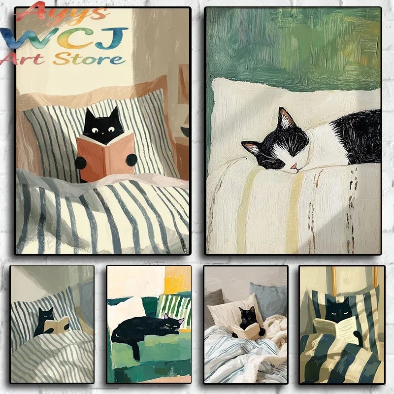 Cat Reading Print – Black Cat Wall Art Decor Cosy Bedroom Poster Book Lover Cat Illustration Cat in Bed Print Reading Decor Gift