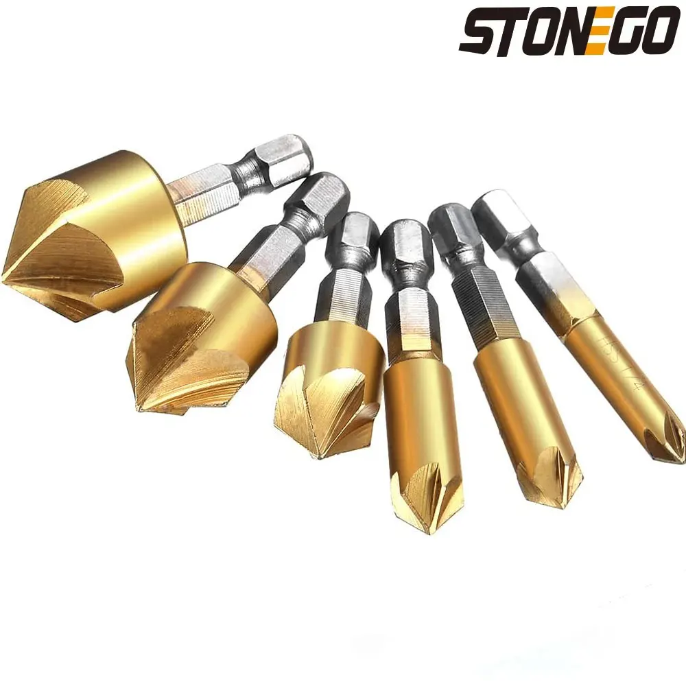 STONEGO 6pcs Titanium Coated Countersunk Bit Set 1/4 Inch Hex Handle 5-slot Countersunk 90-degree Wood Chamfer Knife