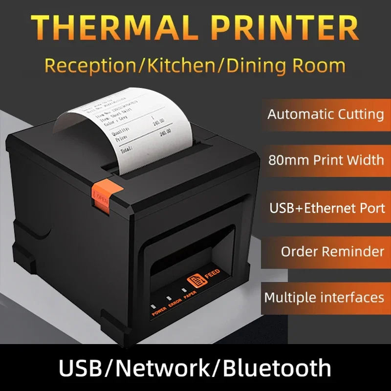 80mm Thermal Receipt Printer Automatic Cutter Restaurant Kitchen POS Printer USB Serial LAN Portable Bluetooth Desktop Printers