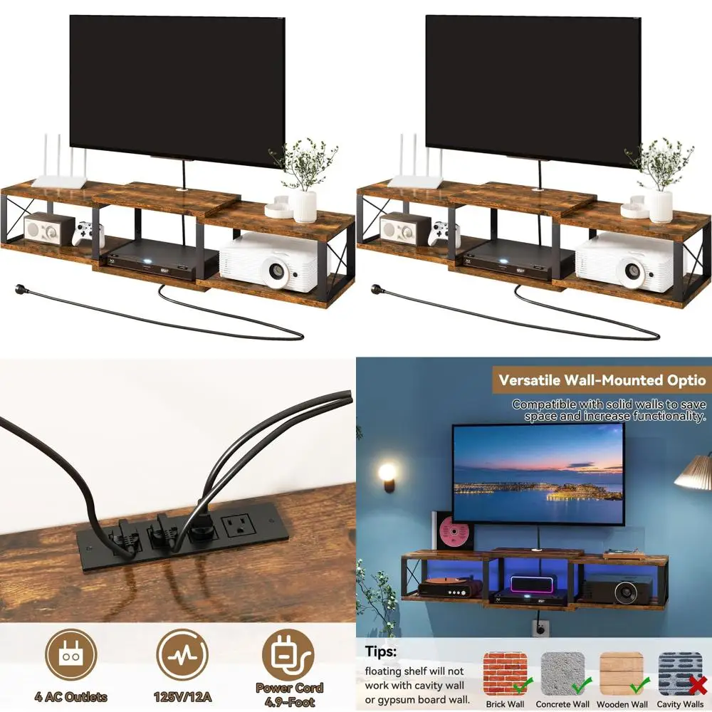 

Wall-Mounted TV Stand with Power Outlet for 55 TVs, Metal Entertainment Center with Storage for Living Room and Bedroom, Rustic