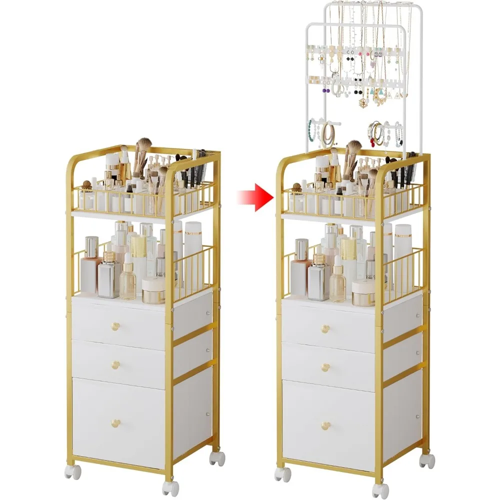 3-Drawer Makeup Organizer Cart with Jewelry Storage, Vanity Organizer for Skincare Perfume Brushes Hair Tools in Gold