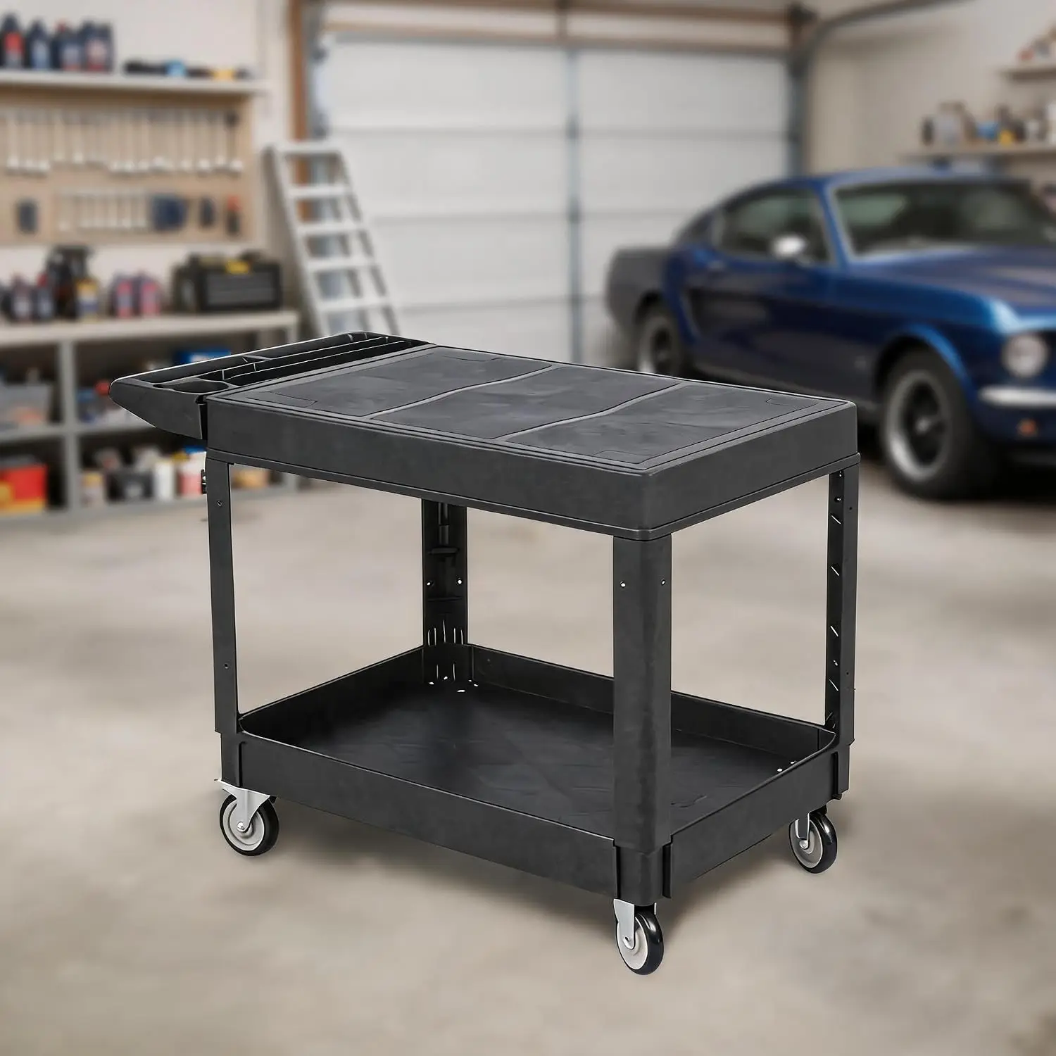 2-Tier Rolling Tool Cart with Drawer550 lb Capacity, 360° Swivel Wheels (2 Brakes), Ergonomic Handle for Warehouse & Office, Black