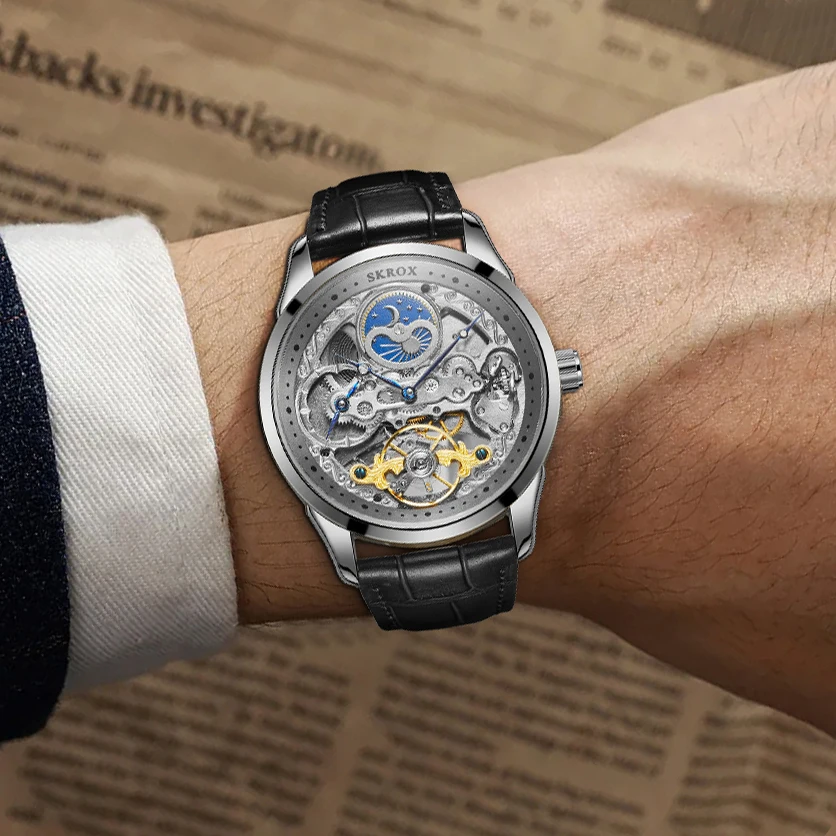 

Высококачественные роскошные мужские часы с двумя часовыми поясами и автоматическим механизмом GMT, механические кожаные наручные часы с фазой Луны и турбийоном, скелетом