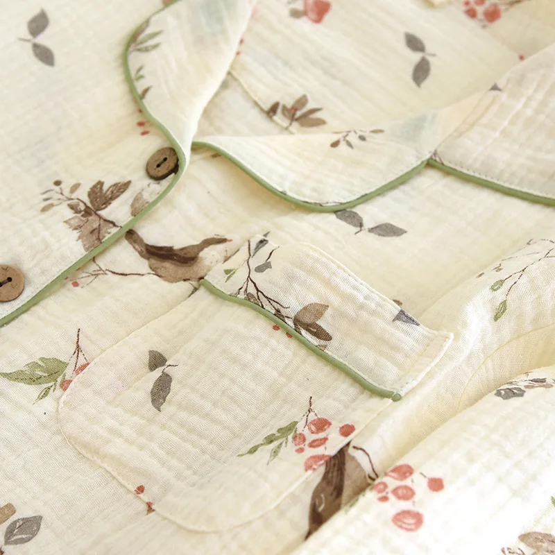 طقم بيجامة نسائي جديد لربيع وخريف 2025 100% كريب قطني بأكمام طويلة وسراويل طويلة طقم مكون من قطعتين ملابس منزلية فضفاضة وموسعة