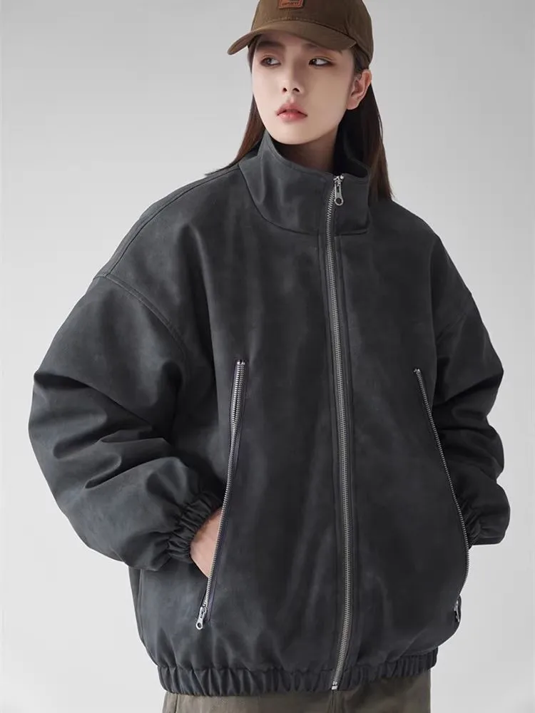 

Утепленная ретро-куртка из искусственной кожи в американском стиле для мужчин и женщин, новинка 2025 года, осенне-зимнее пальто с хлопковой подкладкой, свободный крой, на молнии